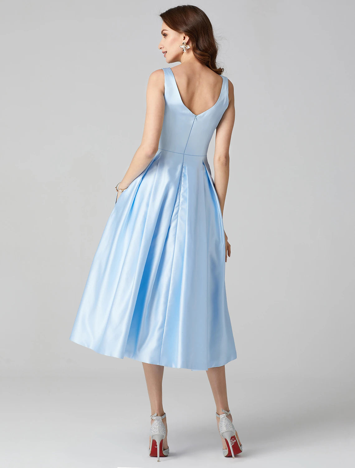 Wholesale A-Line Cocktail Dresses Party Dress Formal Wedding Guest Tea Length Sleeveless Jewel Neck Pocket Satin with Pleats Shouder Flower